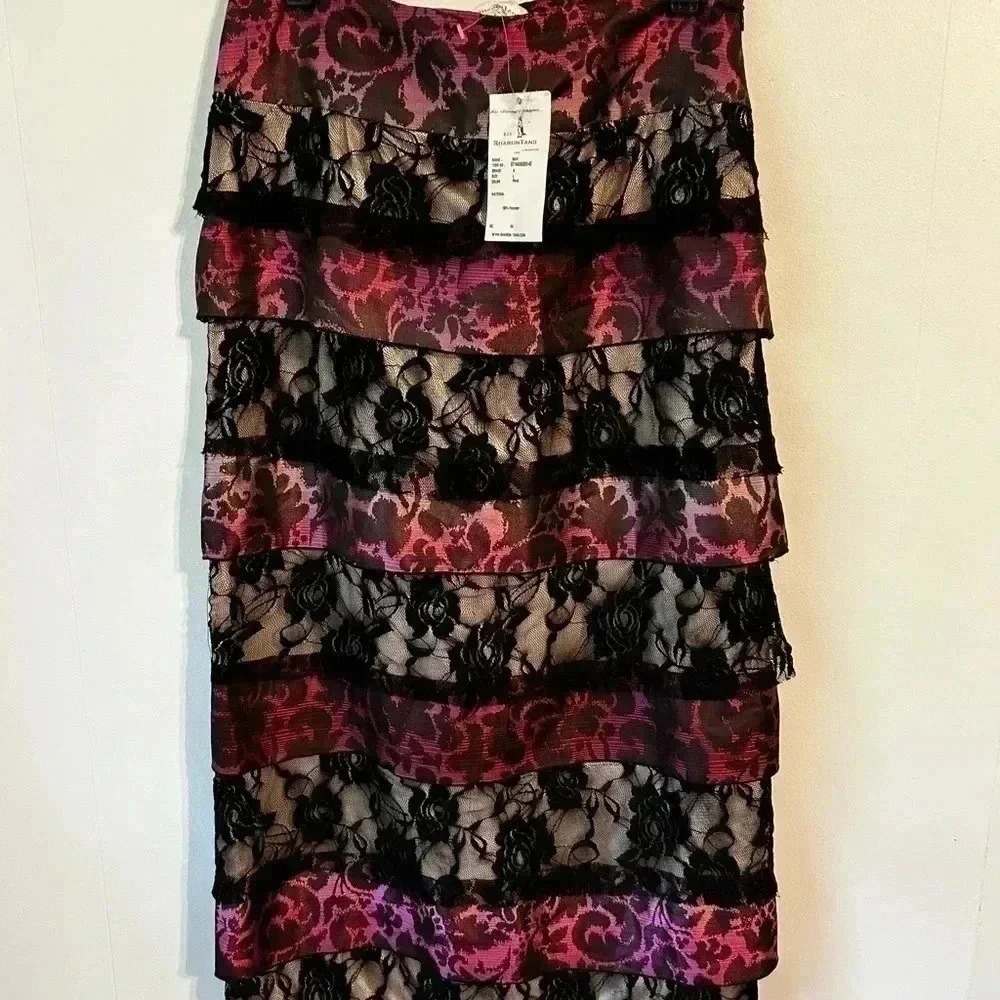 Sharon Tang Pink Black Floral Lace Tiered Midi Skirt‎ Large ST144080005-43 NEW - Picture 10 of 10